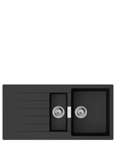 Einbauspüle in Graphitschwarz von Hansgrohe mit zwei Becken und Abtropffläche, ausgestattet mit rundem Abfluss und einer glatten, gerippten Oberfläche.